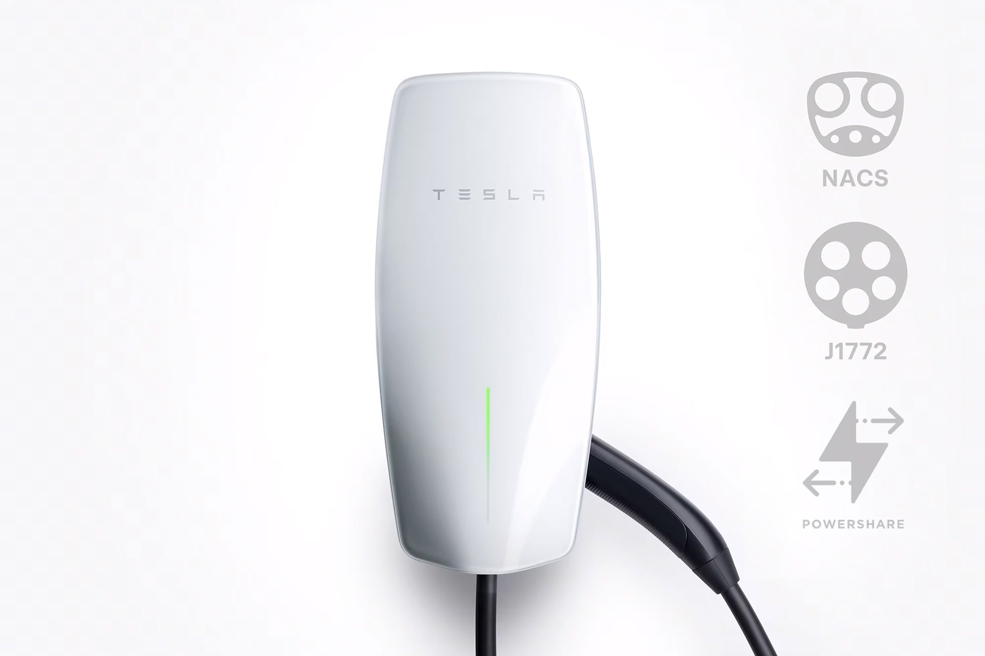 A white tesla charging station with a black cable attached to it