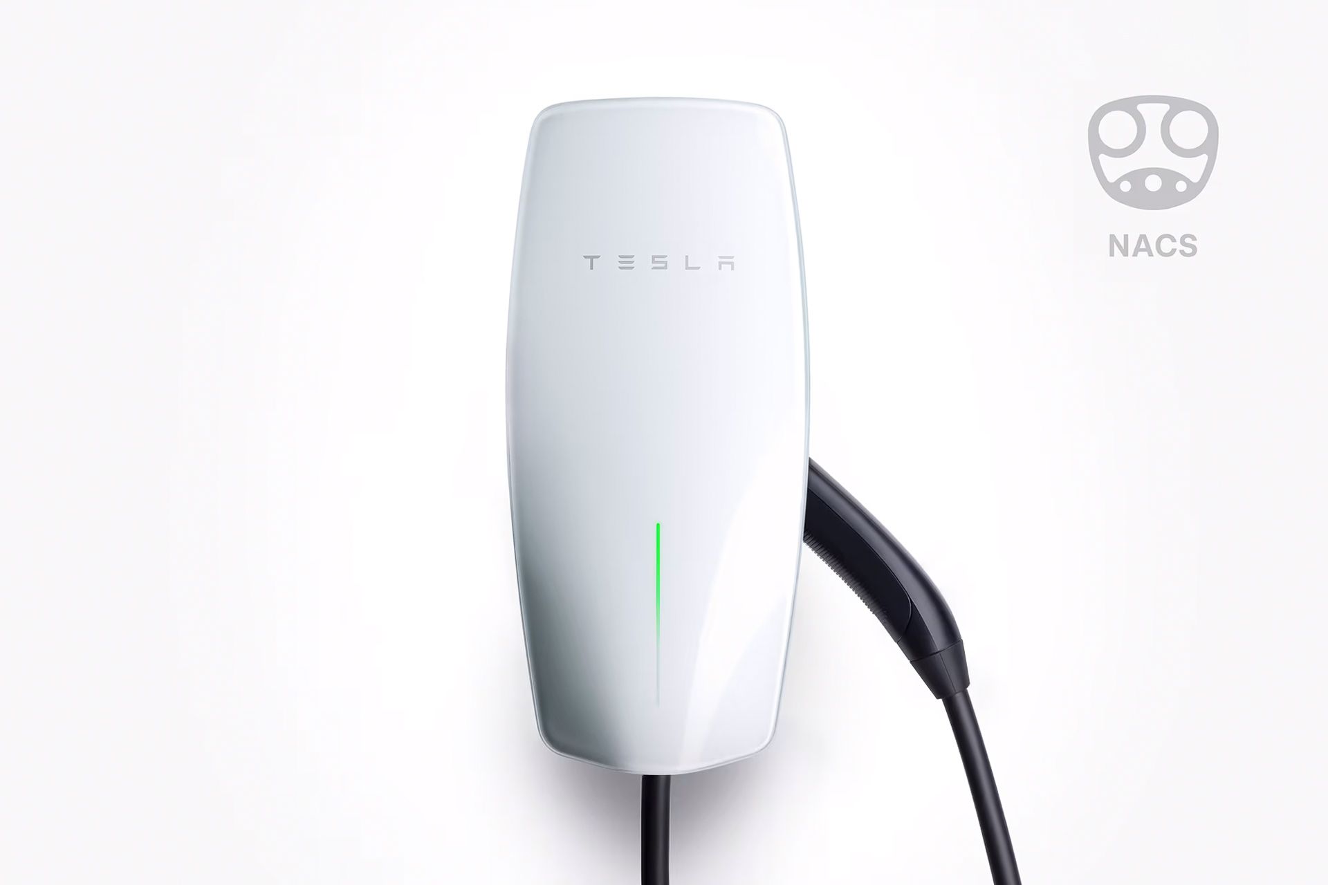 A white tesla wall charger with a black cable attached to it