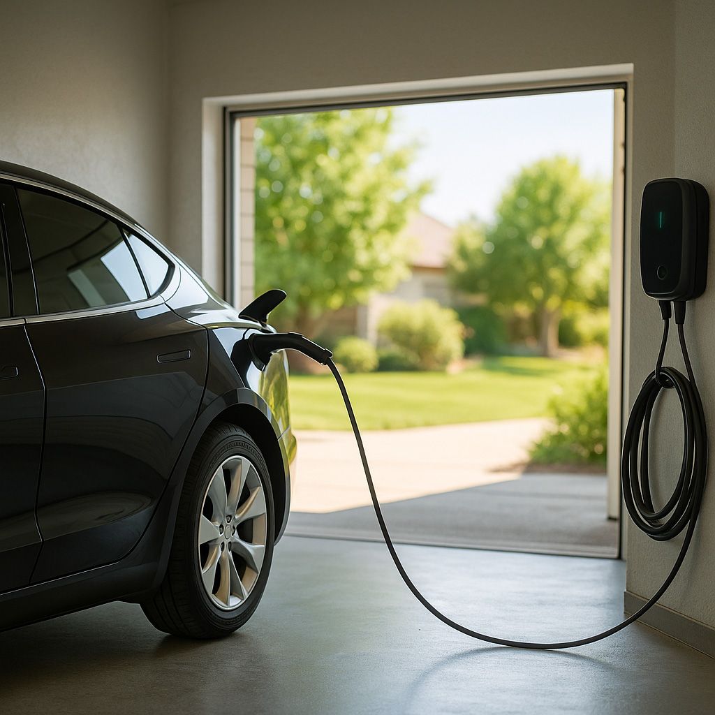 EV charging at home with a wall-mounted Level 2 charger in a modern garage.