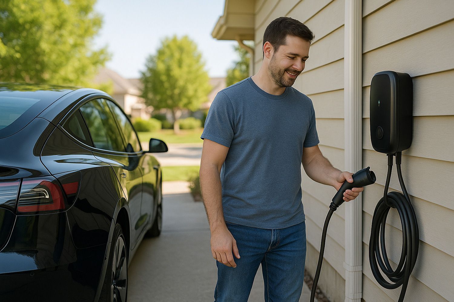 Homeowner unplugging a Level 2 EV charger from an electric car parked in a residential driveway.