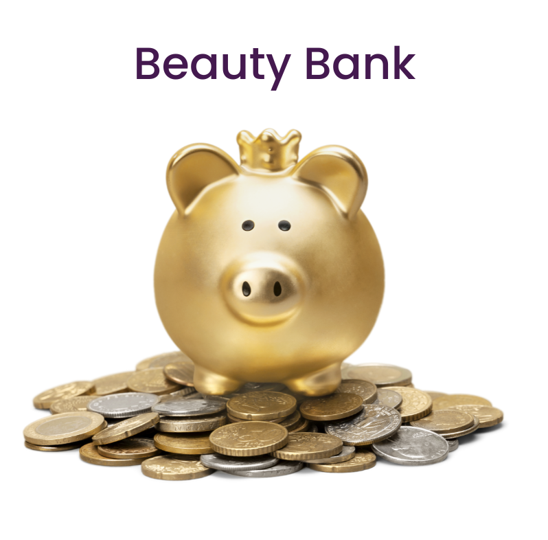 Golden piggy bank on coins with 'Beauty Bank' text for membership savings
