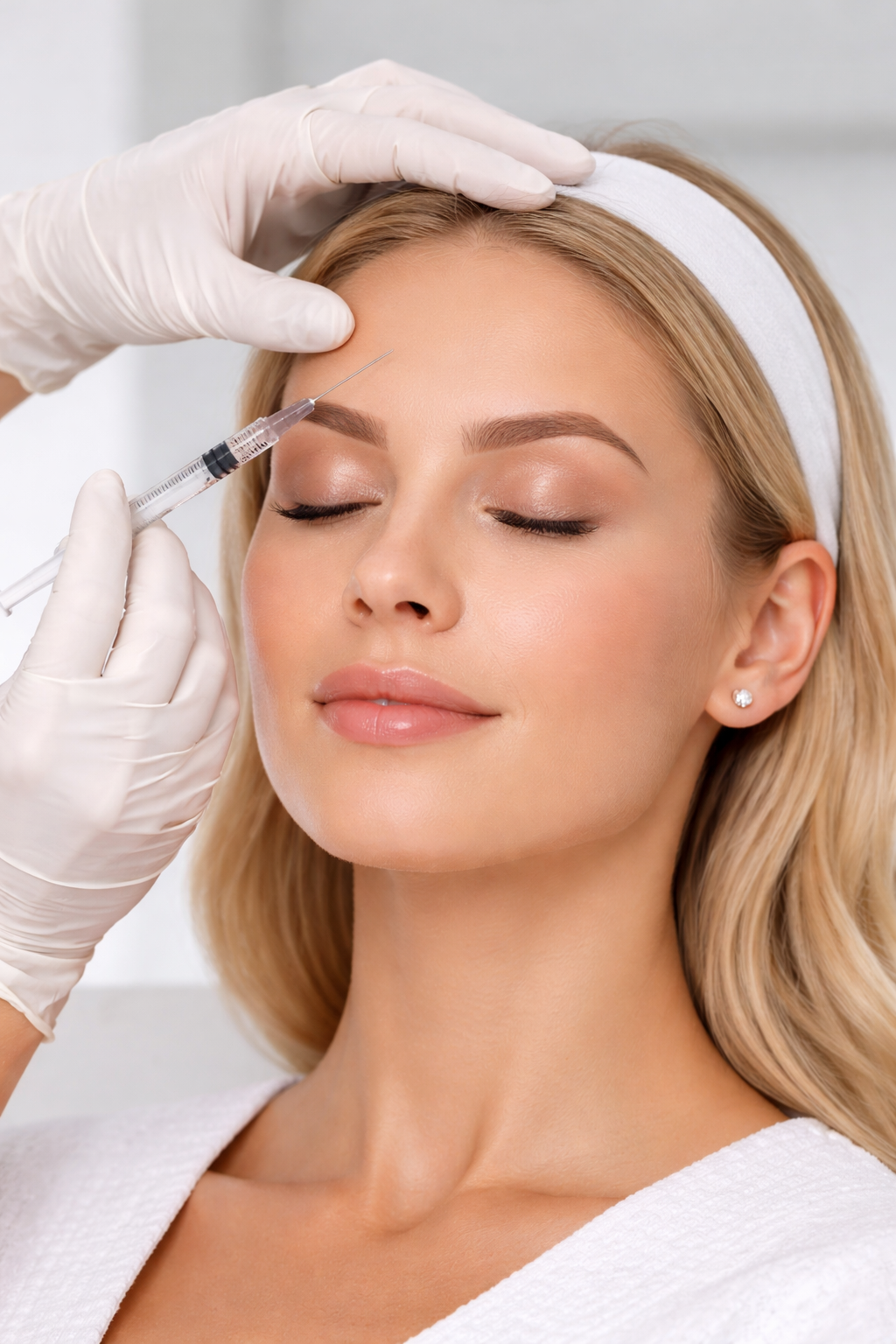 Physician performing precise Botox injection to forehead in a clinical setting