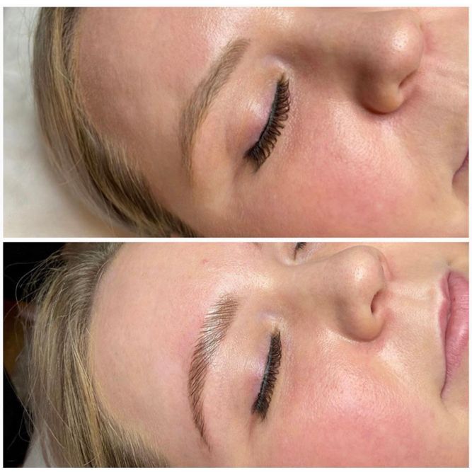 Top: Blonde woman's eye with thin, light brown eyebrow and long lashes. Bottom: Same eye with filled-in, darker brow and lashes.