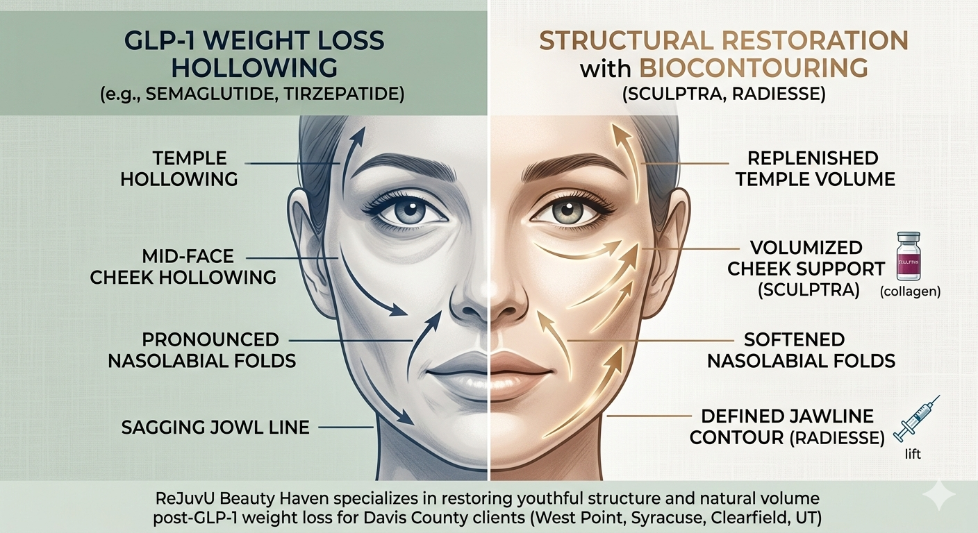 Restoring Semaglutide & Tirzepatide volume loss with Sculptra at ReJuvU Beauty Haven, West Point UT.