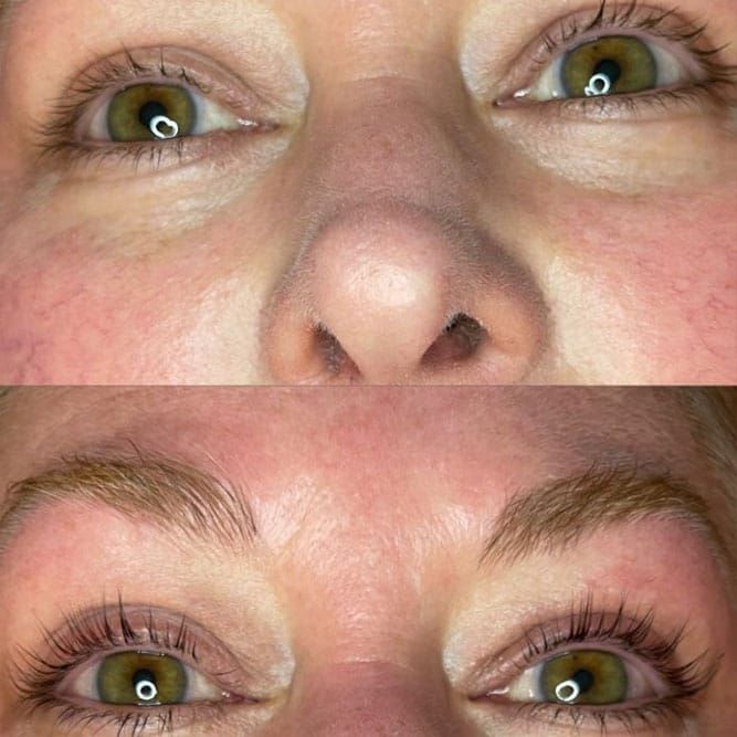 Eyes before and after eyelash lift and brow tint, with increased lash length and brow definition.