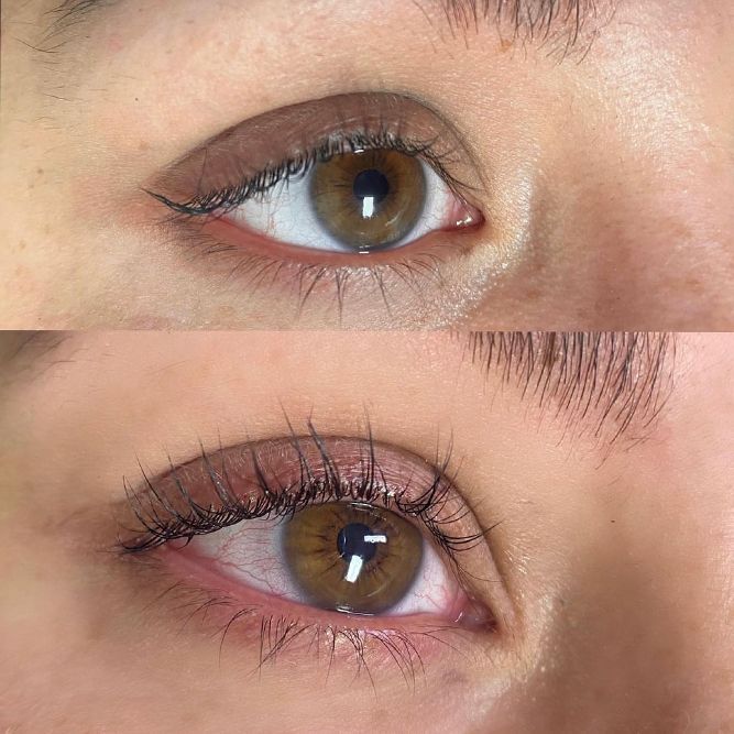 Comparison of an eye with and without makeup, showing eyeliner and mascara enhancement.