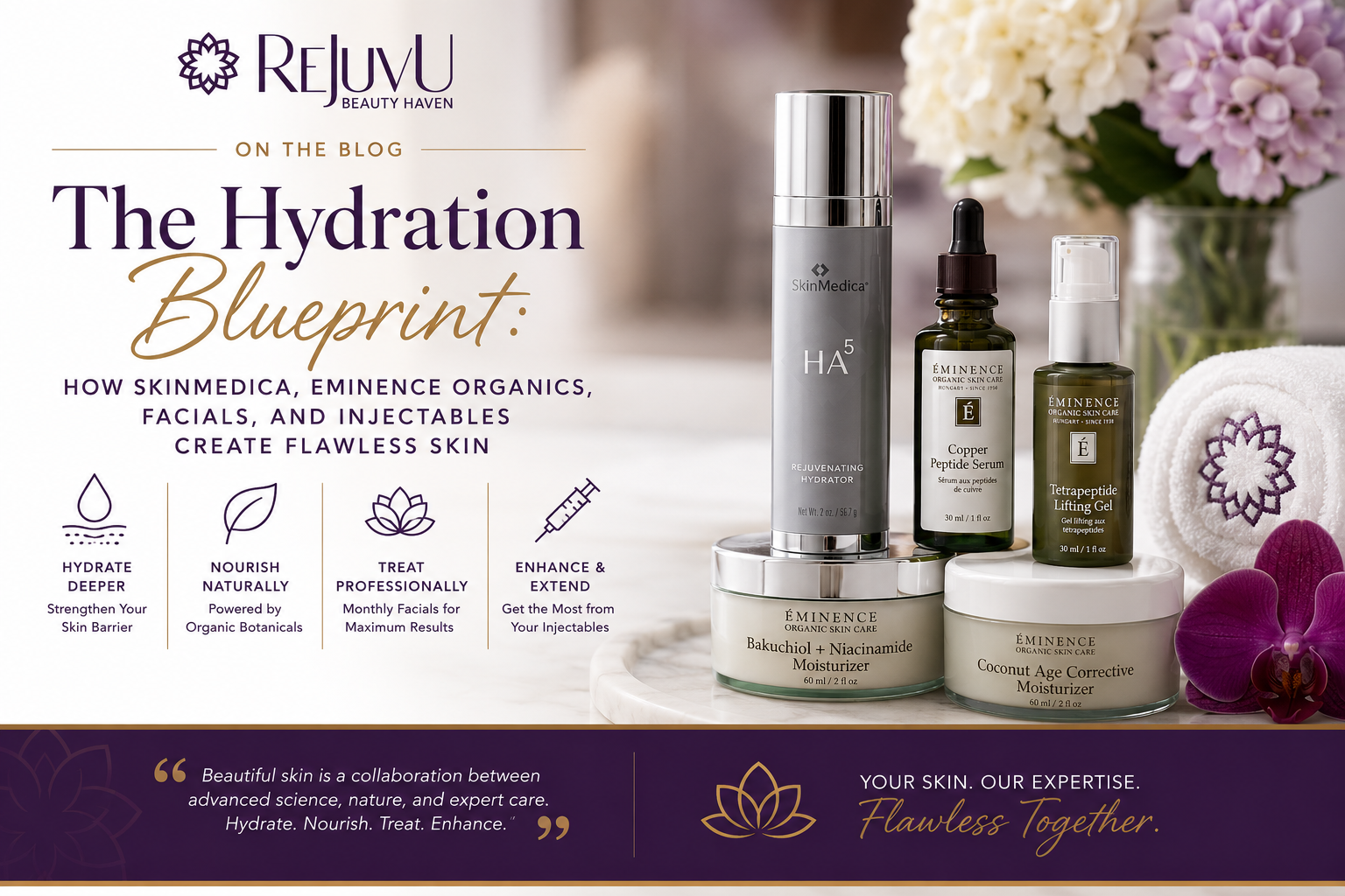 SkinMedica HA⁵ and Eminence Organics skincare products illustrating the importance of hydration, moisturizers, facials, and injectables for healthy, radiant skin at ReJuvU Beauty Haven.