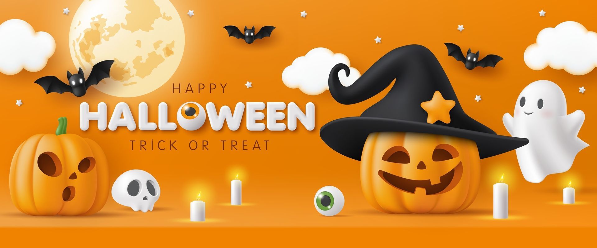 Halloween-themed illustration featuring pumpkins, bats, moon, candles, a witch hat and the words