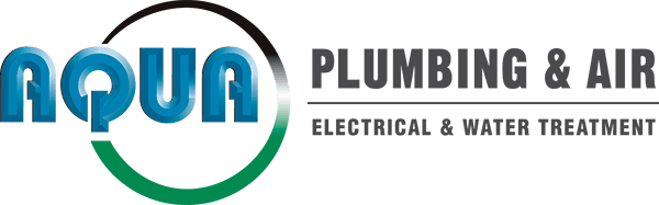 Aqua Plumbing & Air logo: blue and black Aqua text with green and black circle, grey Plumbing & Air, Electrical & Water Treatment text.