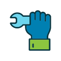 Hand holding a light blue wrench, with blue glove and green cuff.