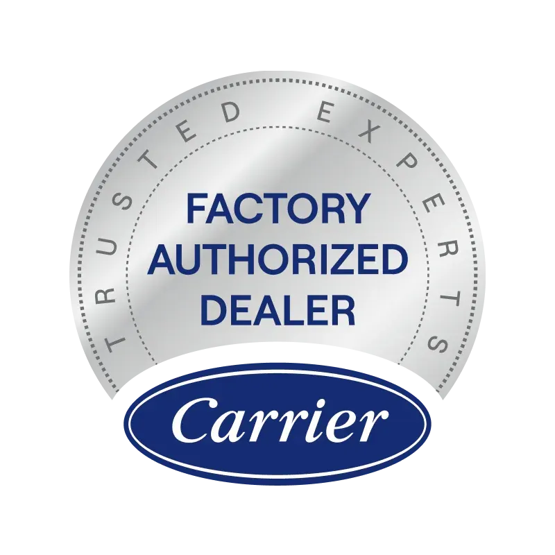 Silver seal: "Factory Authorized Dealer" for Carrier.