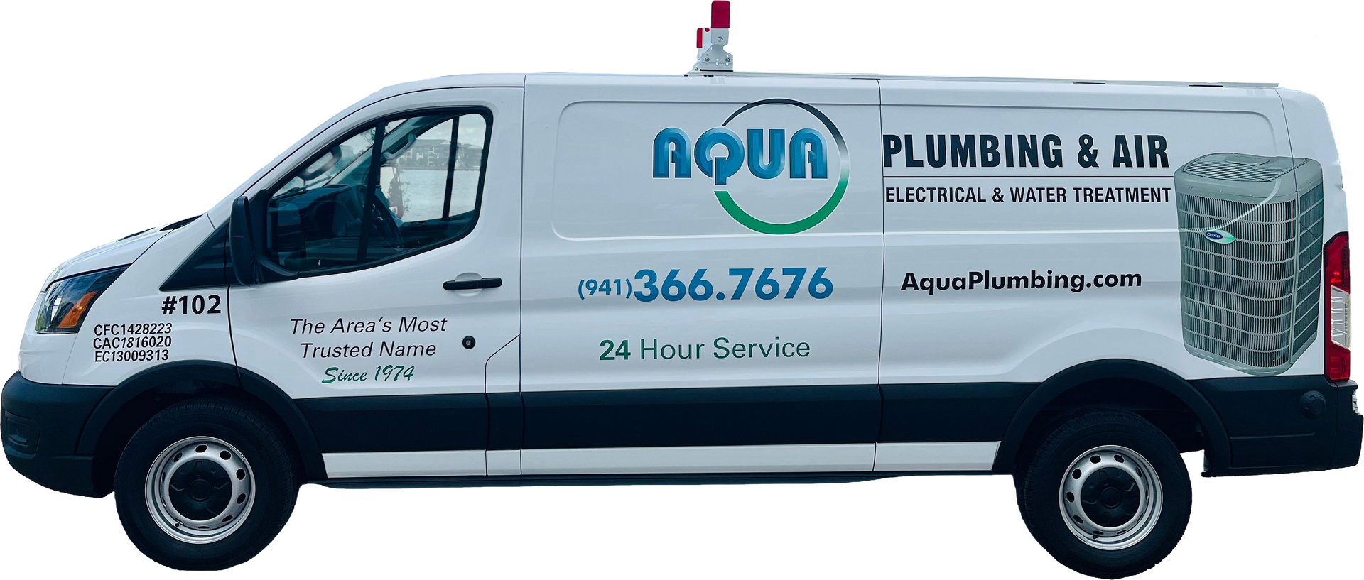 White van for Aqua Plumbing & Air, with logo and contact info.
