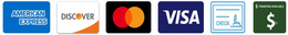 Payment method logos: American Express, Discover, Mastercard, Visa, and cash icons.