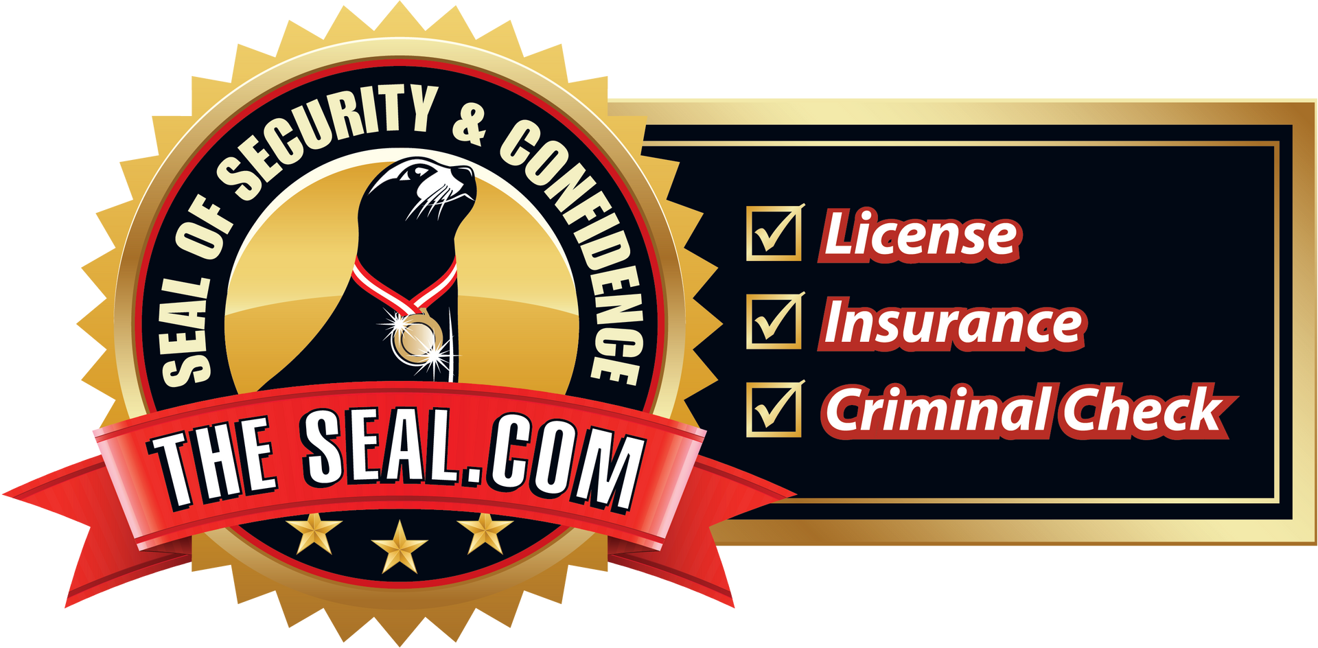 Seal of Security and Confidence logo with a seal holding a medal and a checklist for licenses, insurance, and criminal checks.