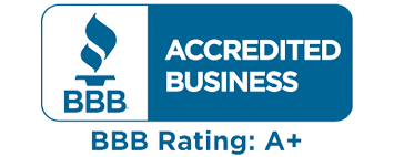 BBB Accredited Business logo. Torch graphic. BBB rating: A+ in blue and white.