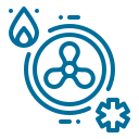 Blue icon of a fan with flame and snowflake symbols, representing HVAC system.