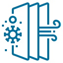 Blue icon: Air filter removes virus from air; air flows through filters.