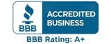 BBB Accredited Business badge with A+ rating in blue and white