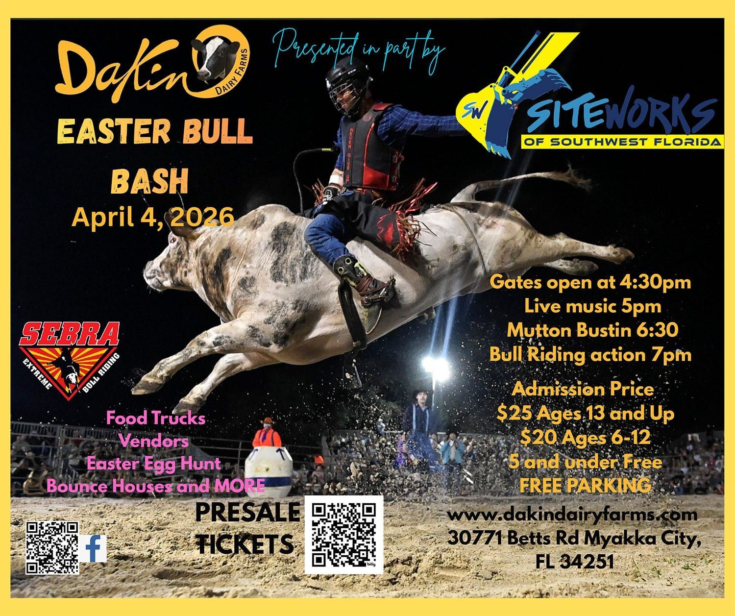 Event flyer for the Dakin Dairy Farms Easter Bull Bash on April 4, 2026, featuring a bull rider and event information.