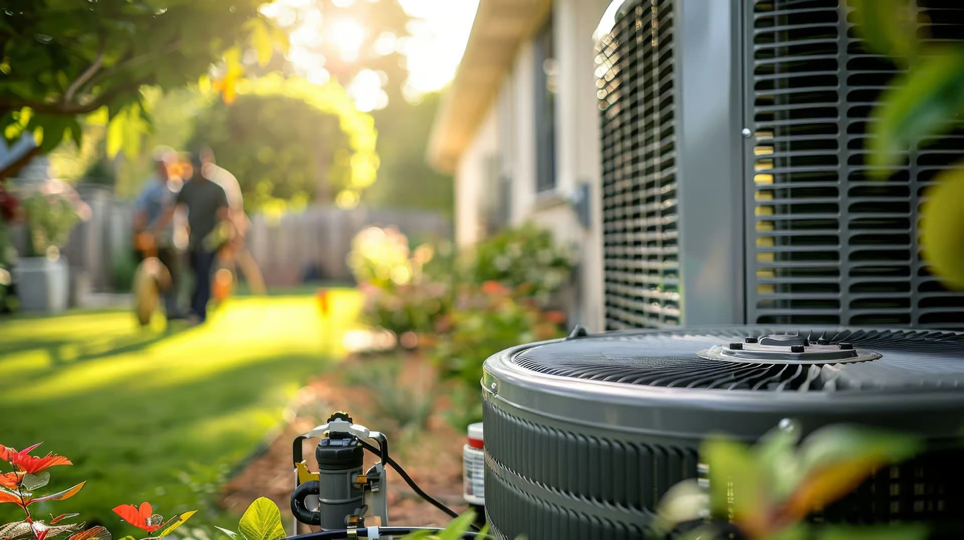 Outdoor HVAC unit in a sunny yard with blurred gardeners in the background