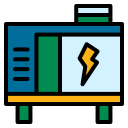 Blue and green generator with yellow accents and a lightning bolt symbol.