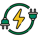 Green electrical plug and socket connected, enclosing a yellow lightning bolt.