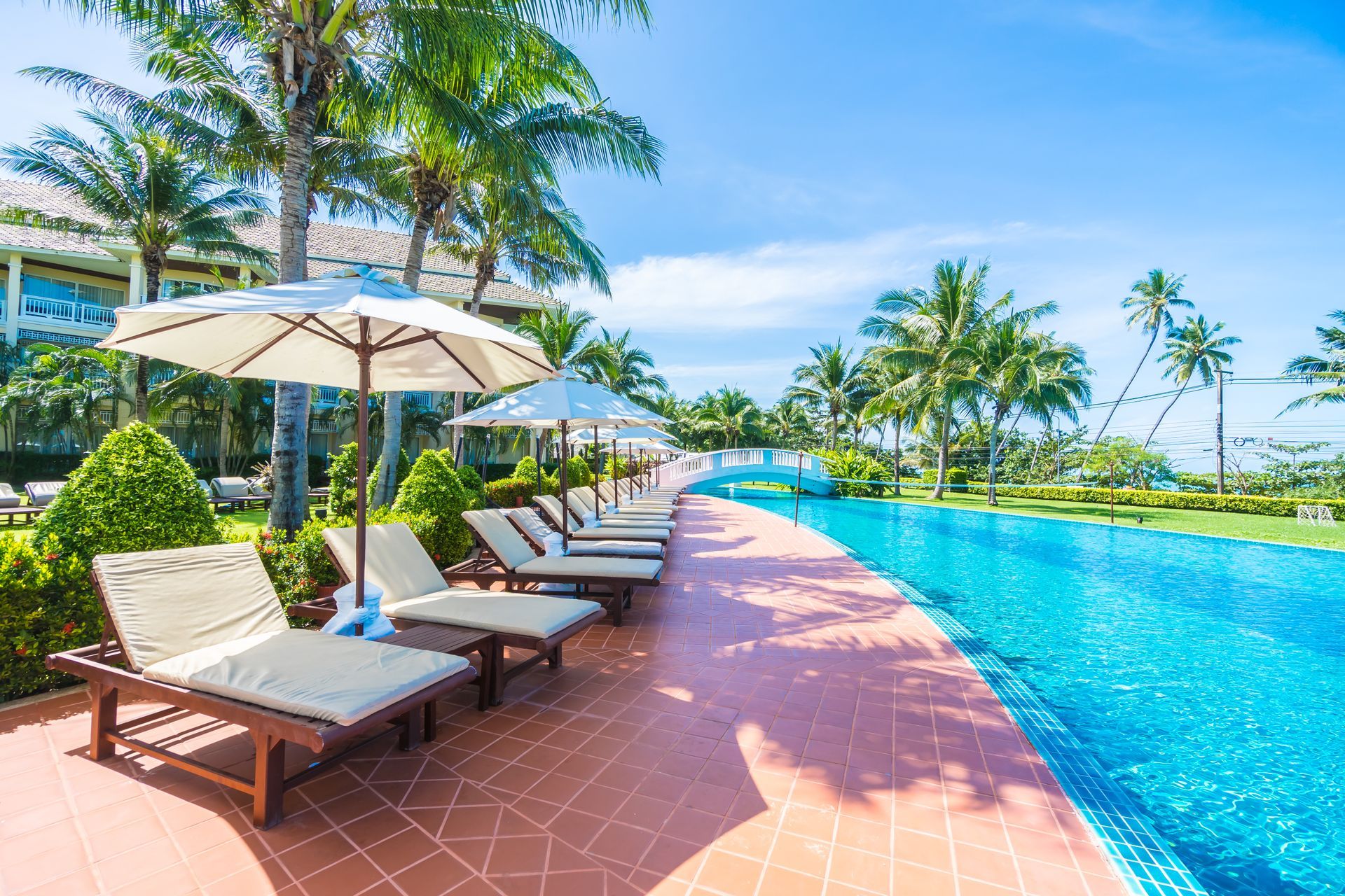 Poolside scene with lounge chairs, umbrellas, and palm trees under a bright blue sky.