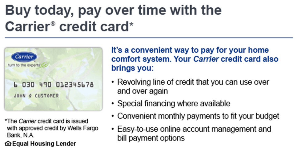 Advertisement for the Carrier credit card, showing a sample card and benefits like revolving credit and special financing.