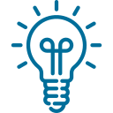 Blue outline of a lightbulb with rays, suggesting a new idea.