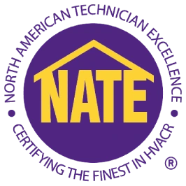 NATE certification logo: purple circle with yellow house icon and text 