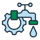 Faucet with gear, water droplet, and green accents.