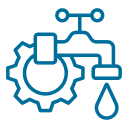 Blue icon: faucet with a dripping water drop, overlaid with a gear.
