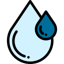 Two stylized water droplets, one larger and light blue, the other smaller and dark blue.