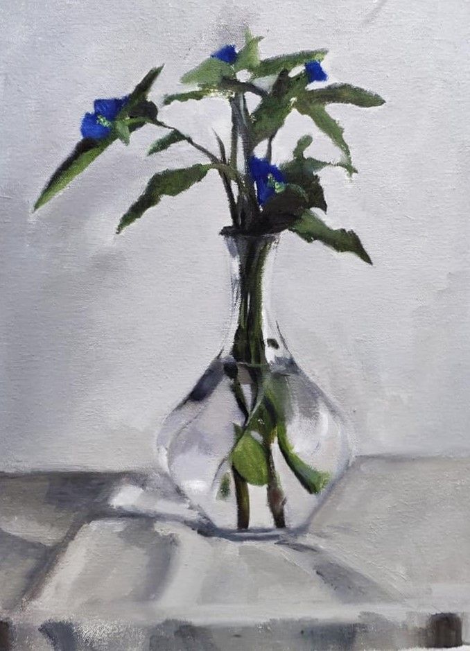 Original oil painting, contemporary still life, flower still life, blue flower, gift for home, flower painting in a glass vase.
ציור שמן מקורי, טבע דומם עכשווי, טבע דומם פרחים, פרח כחול, מתנה לבית, ציור פרח בכד זכוכית