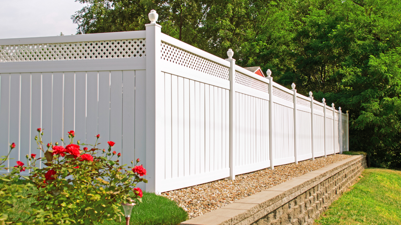 White vinyl fence with latticework along the top, bordering a yard with green grass and a red rose bush.