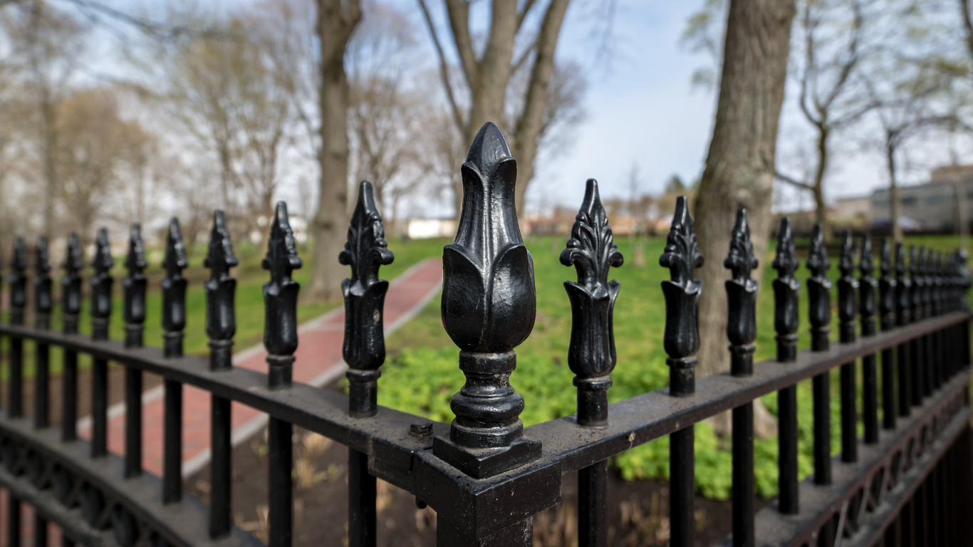 Black wrought iron fence, detail shot, with a blurred green lawn and trees in the background.