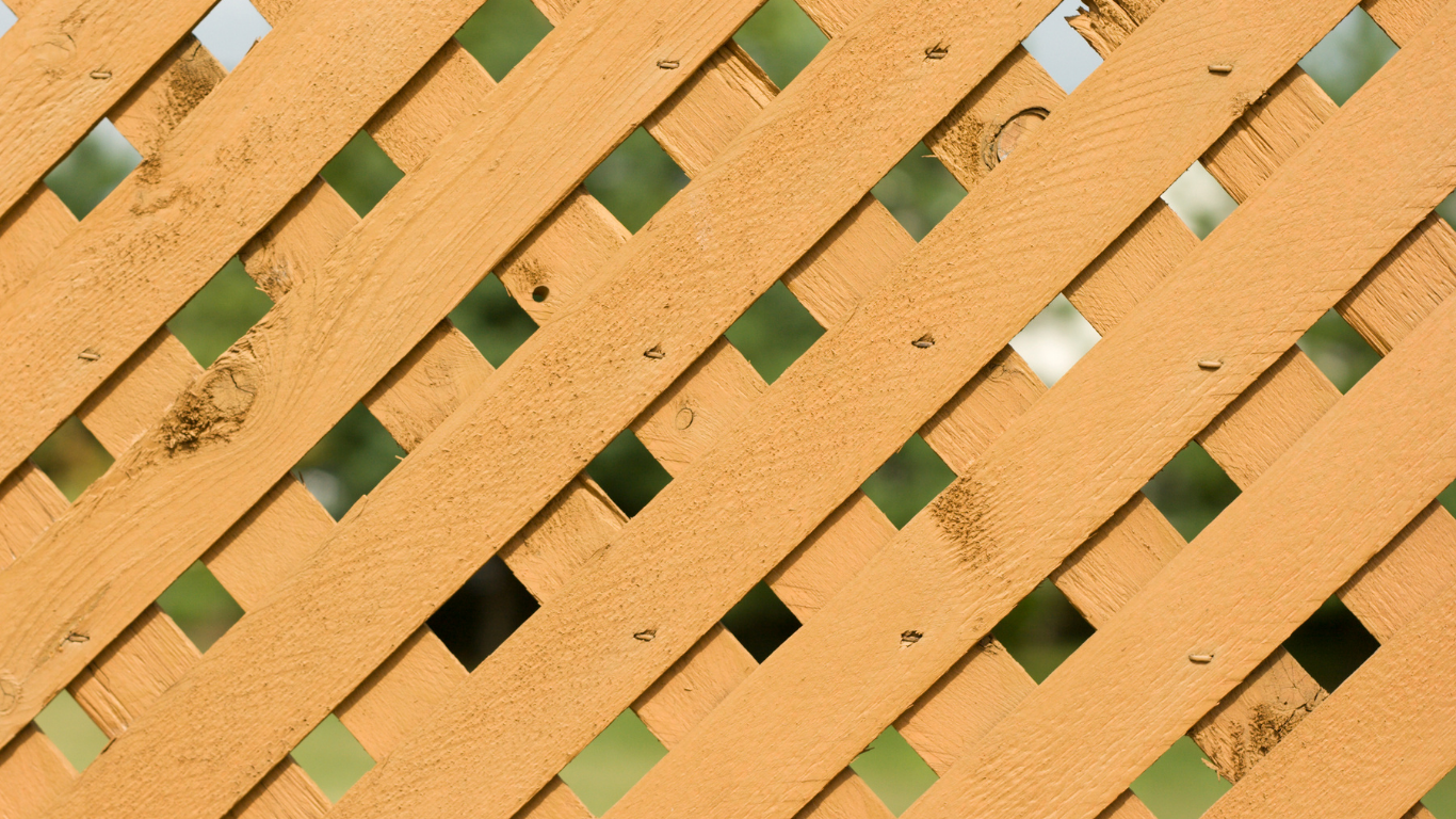 Wooden lattice fence with diamond-shaped openings, stained light brown, with green foliage visible through the gaps.