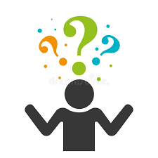 A gray silhouette of a person gesturing with arms raised, surrounded by colorful question marks and floating dots.