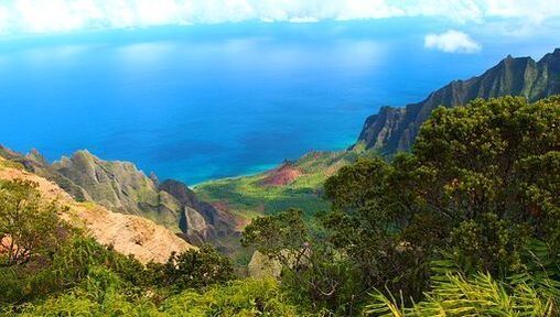 A view of the ocean from a mountain surrounded by trees.