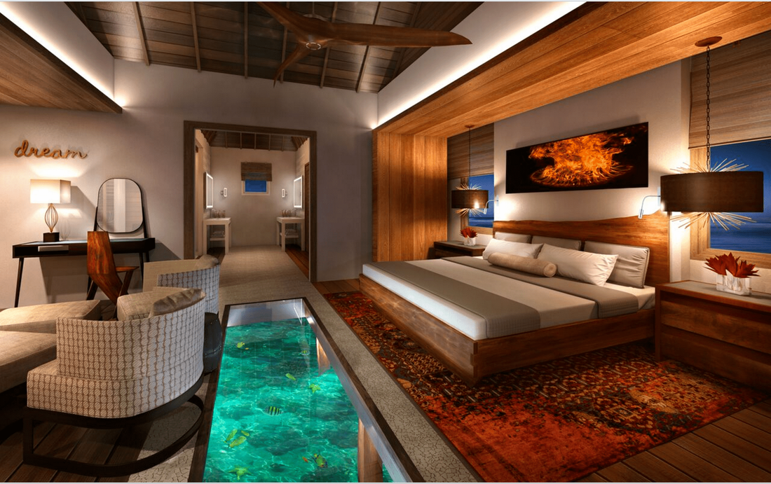 An artist 's impression of a bedroom with a swimming pool underneath it.