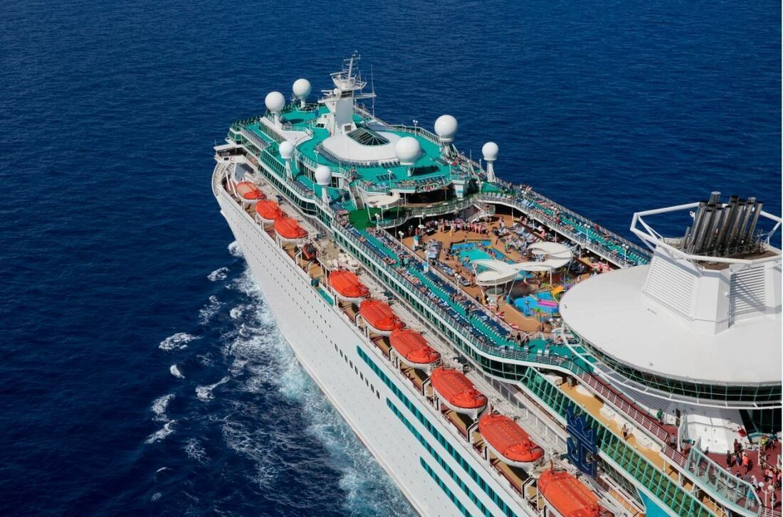 An aerial view of a cruise ship in the ocean