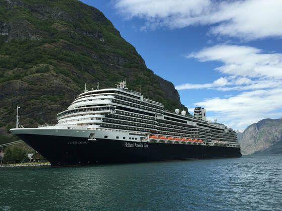 A large cruise ship is docked in the water near a mountain.