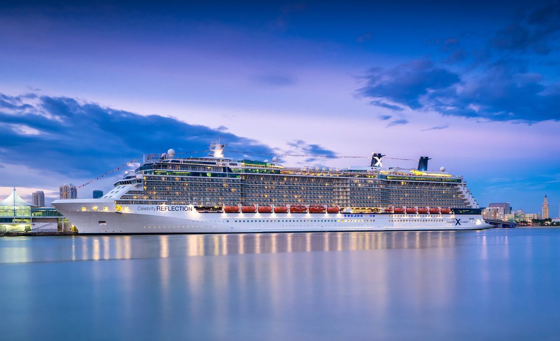 A large cruise ship is docked in a harbor at night.