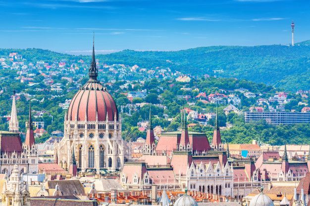 An aerial view of the parliament building in budapest , hungary.