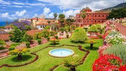 There is a fountain in the middle of the garden.