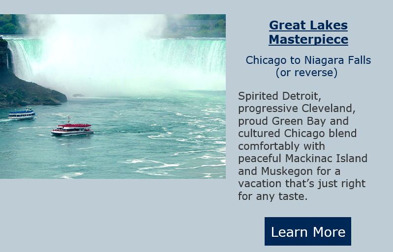 An advertisement for great lakes masterpiece with a waterfall in the background