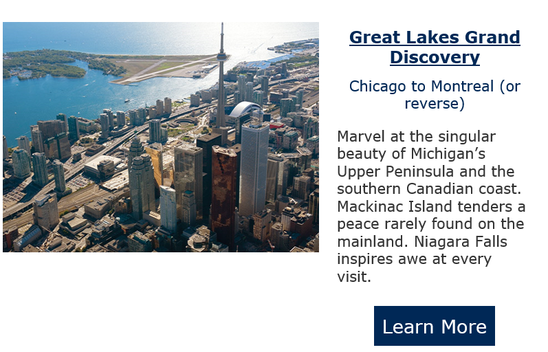 An advertisement for great lakes grand discovery shows an aerial view of a city