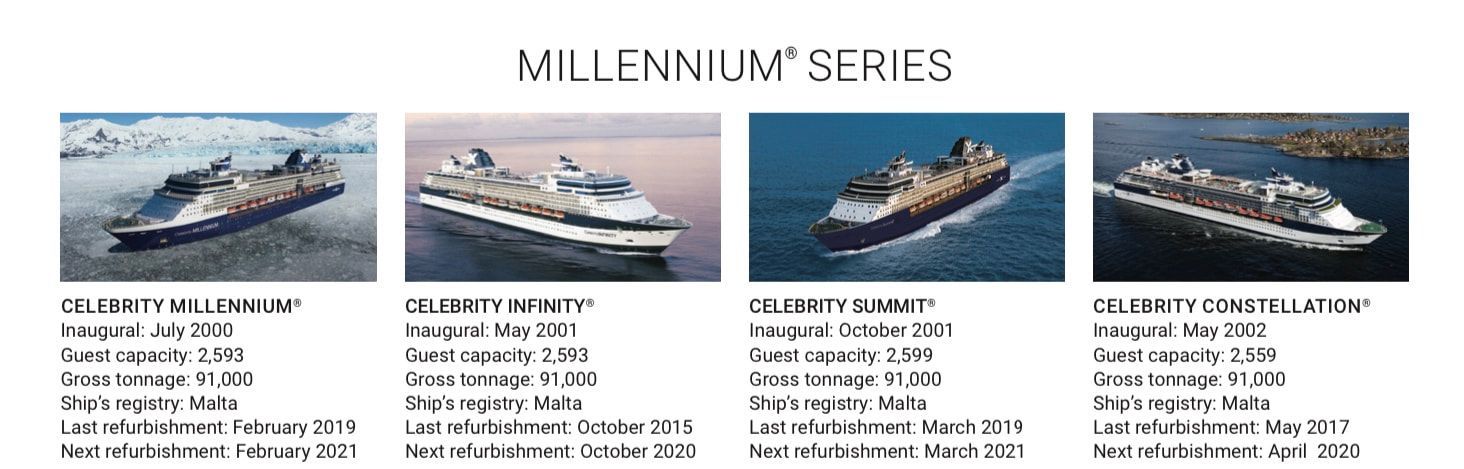 A collage of four pictures of a cruise ship called the millennium series