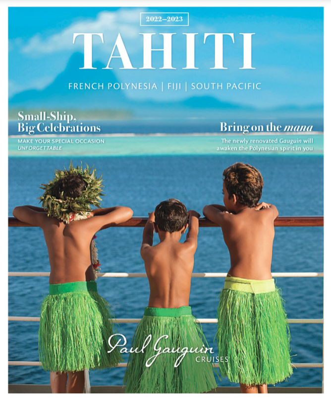 Three boys in green skirts are on the cover of a magazine called tahiti