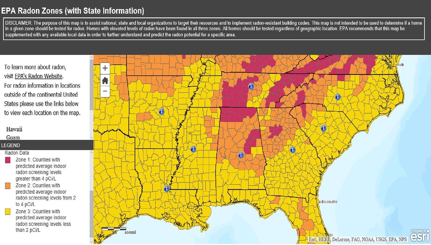 A U.S. EPA map showing high-risk (red/orange) and low-risk (yellow) radon zones across the Southeastern United States.